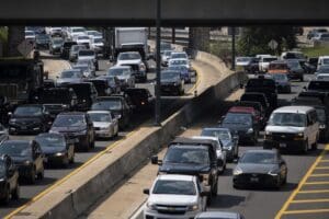A general view of traffic on a U.S. Interstate highway in Washington, D.C., on Wednesday, April 7, 2021. (Graeme Sloan/Sipa USA)(Sipa via AP Images)