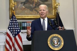 US President Joe Biden delivers remarks on the Congress stopgap government funding bill to avert an immediate government shutdown in the Roosevelt Room at the White House in Washington on October 1, 2023.