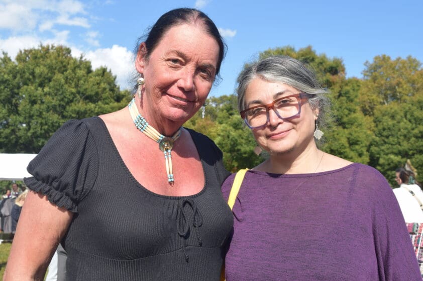 Indigenous Peoples' Day organizers Janis Stacy, left, and Mabel Negrete gather at Shackamaxon, also known as Penn Treaty Park, on Oct. 9, 2023.